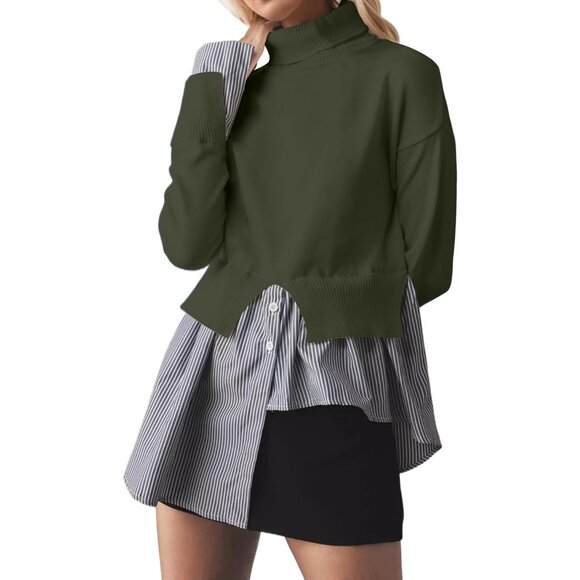 Sweaters - Women Slit Turtleneck Patchwork Sweater X-large Knit Casual Top